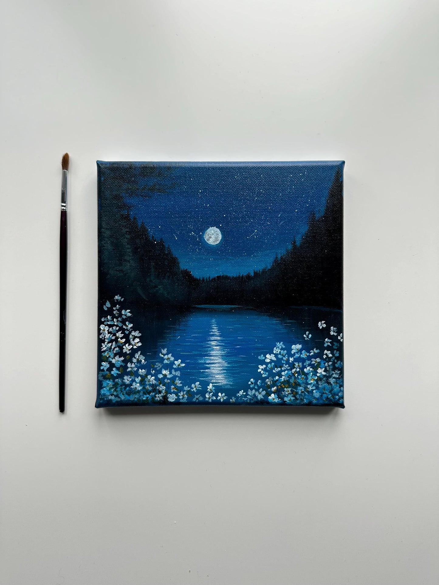 Moonlit River Painting: Original Acrylic Nightscape, 8x8 Canvas