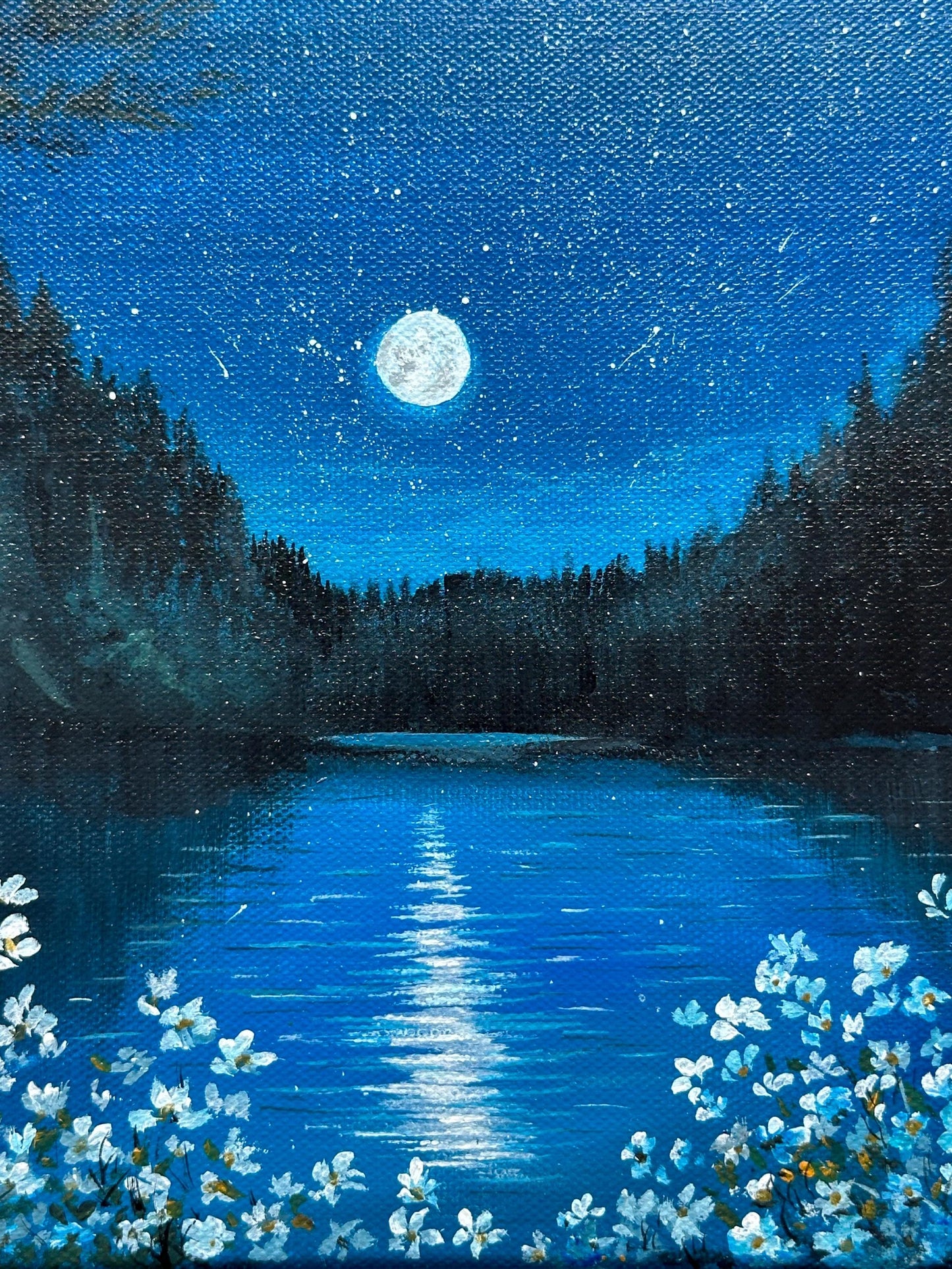 Moonlit River Painting: Original Acrylic Nightscape, 8x8 Canvas