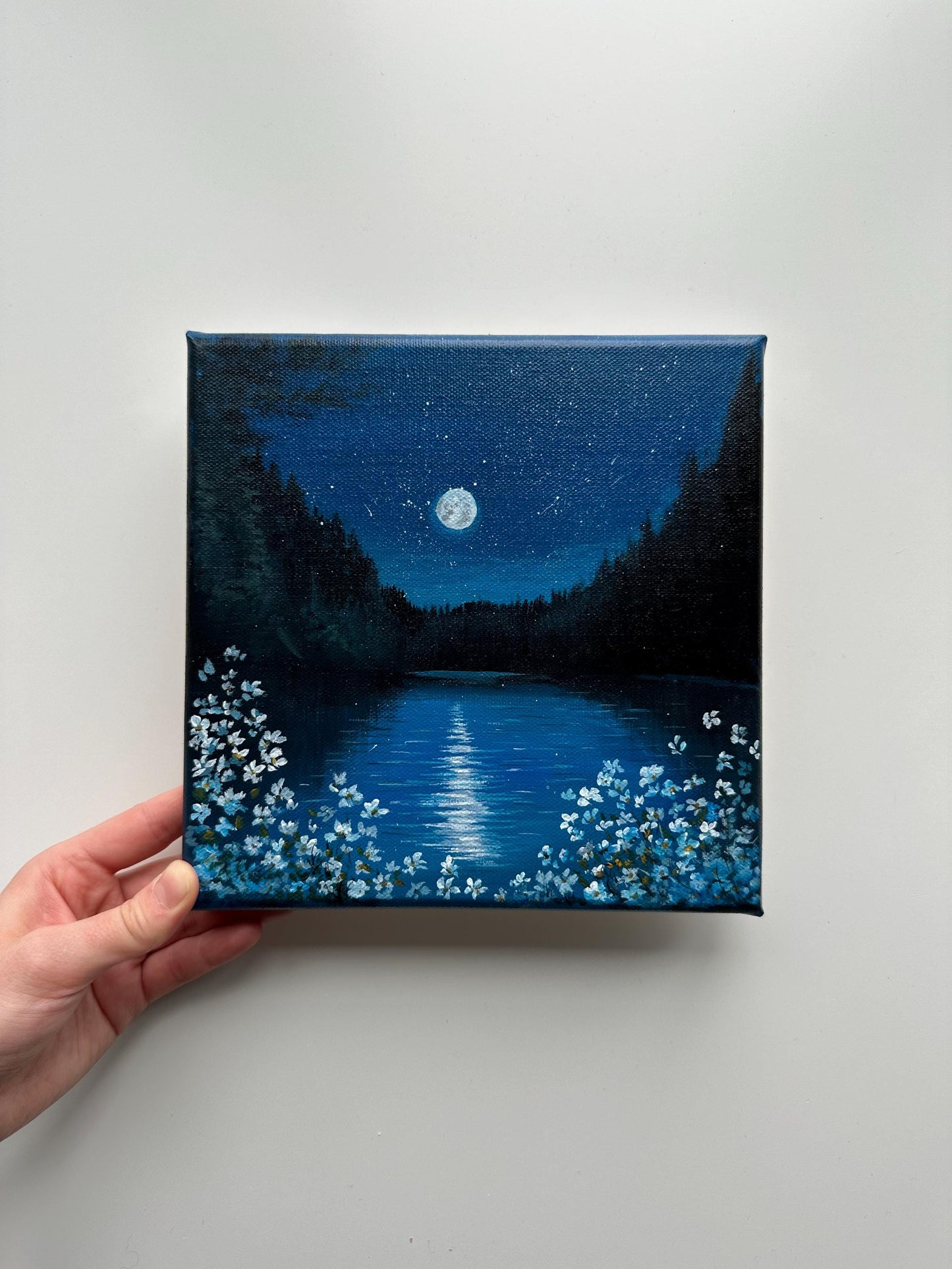 Moonlit River Painting: Original Acrylic Nightscape, 8x8 Canvas