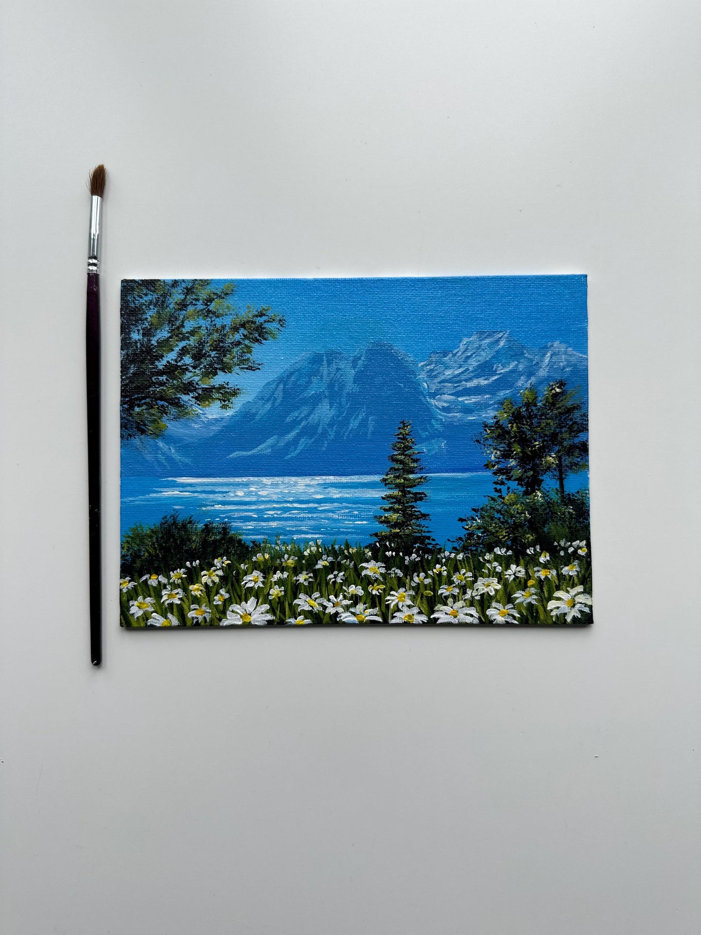 Original Mountain Landscape Painting - 6”x8” Acrylic on Canvas Board - Wildflower Meadow & Lake Scene