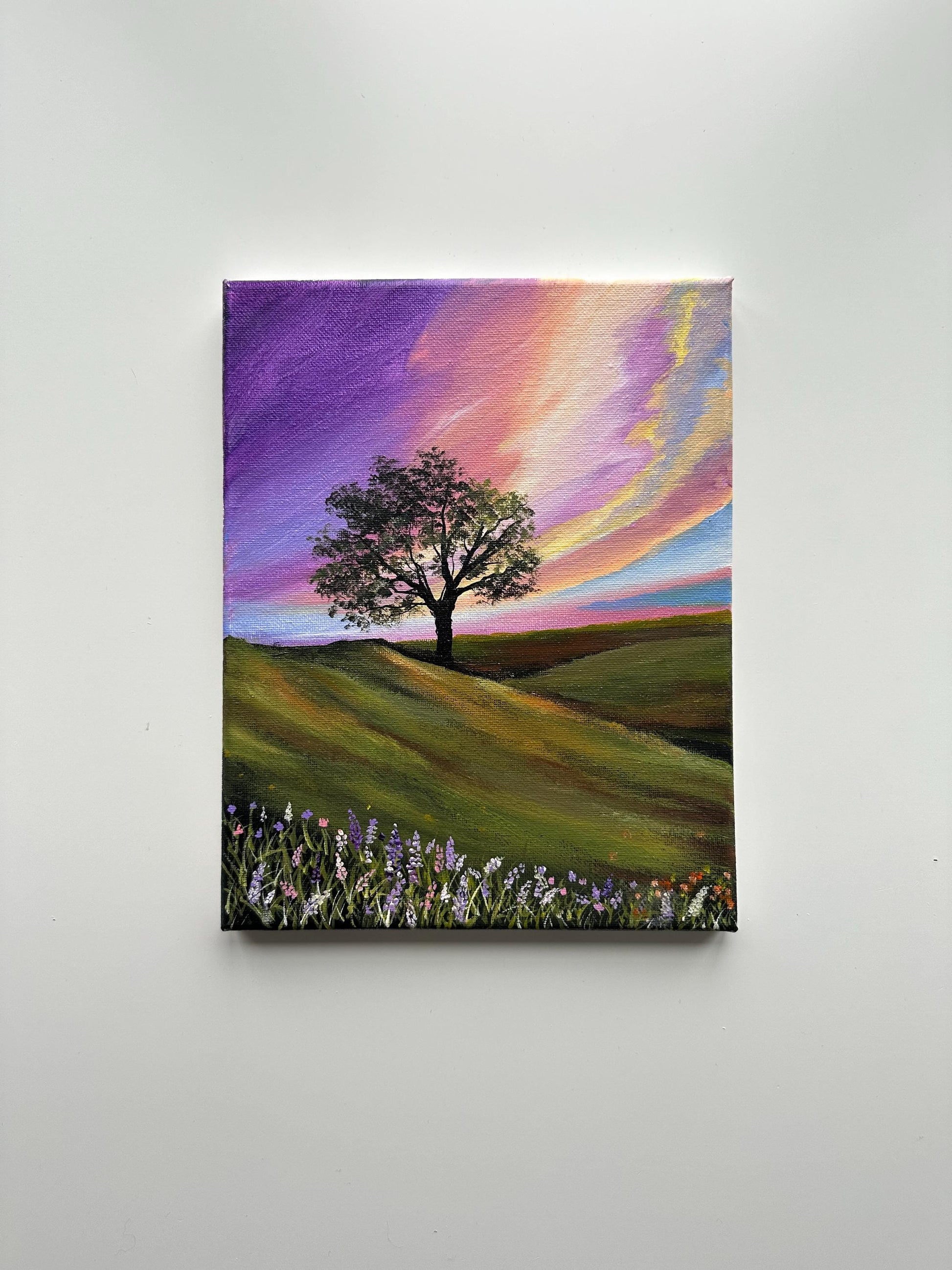 Original acrylic painting on stretched canvas by ab mini art. Serene landscape painting with beautiful tree. Tree traditional artwork on canvas. Acrylic landscape painting Under rainbow hill.