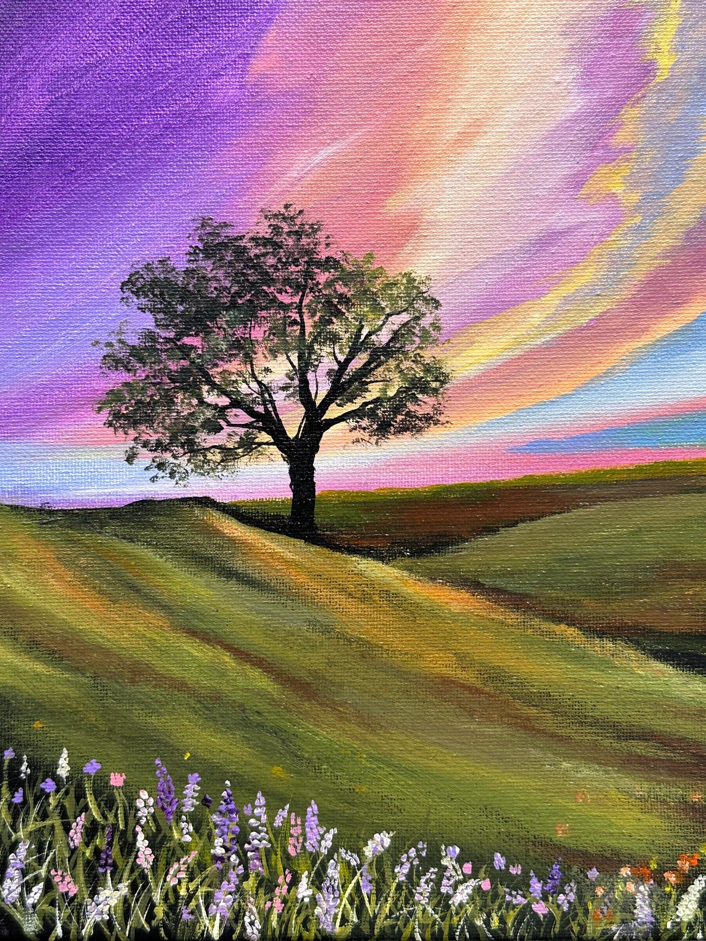 Golden Sky Meadow - Original Acrylic Painting, Vibrant Sunset Landscape, Rolling Hills & Wildflowers, 8x10 Canvas