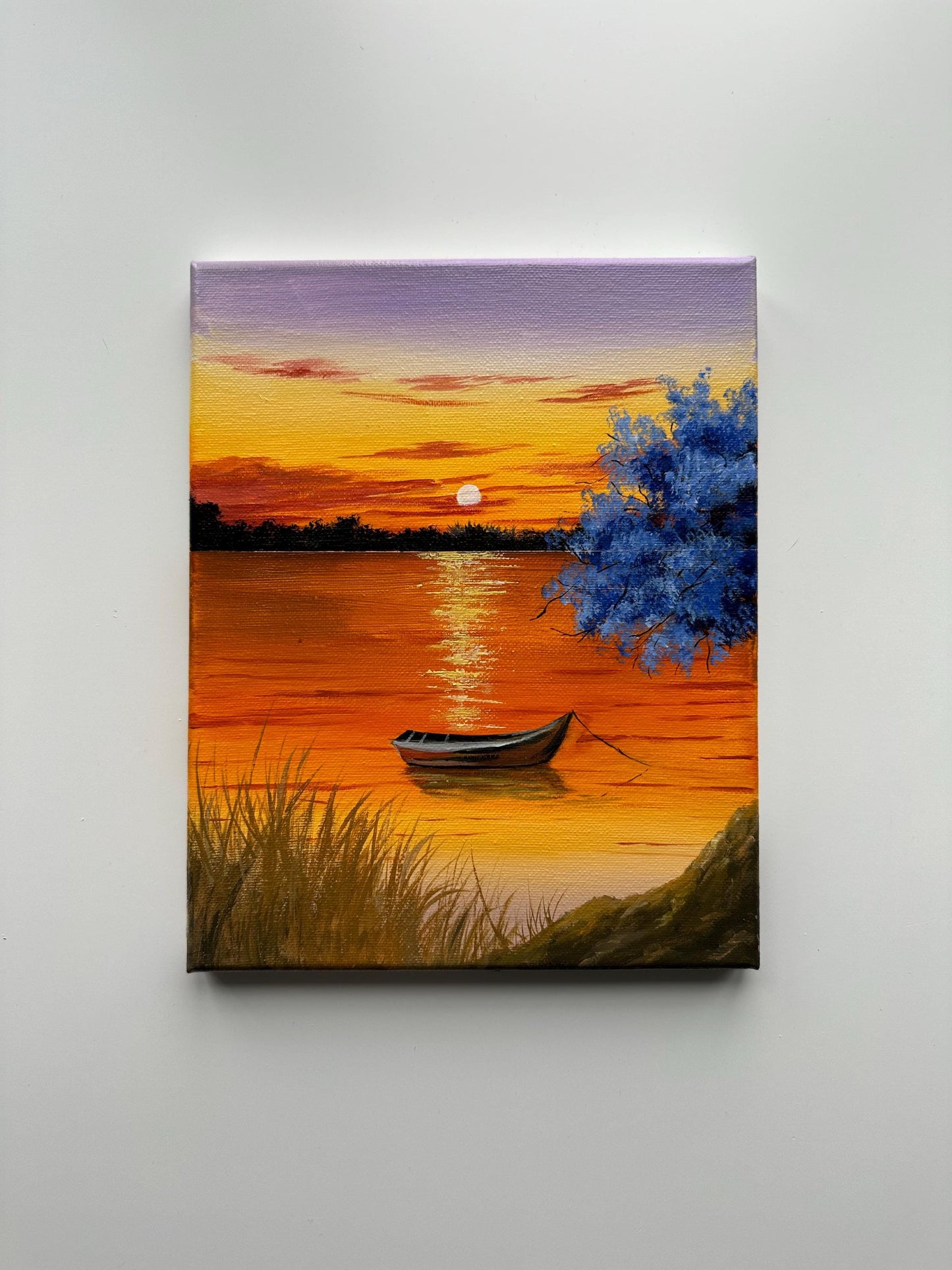 Golden hiur sunset lake paintingart by AB mini ART. Aesthetic original artwork for home decor wall art gifts. Golden hour acrylic art on canvas. Acrylic landscape paintings. Serene tree by the golden lake.