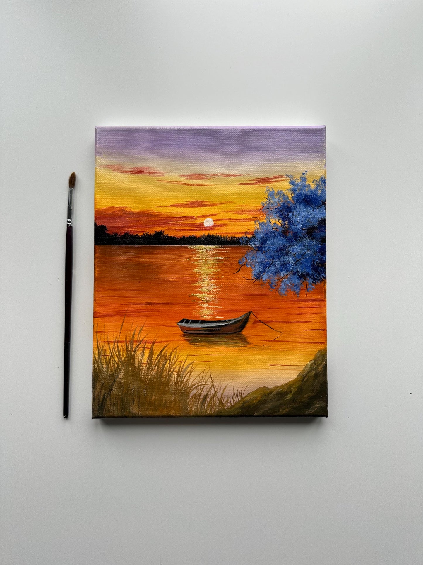 Original Acrylic Lake Painting: Golden Sunset, Tranquil Boat Scene (8x10 Canvas)