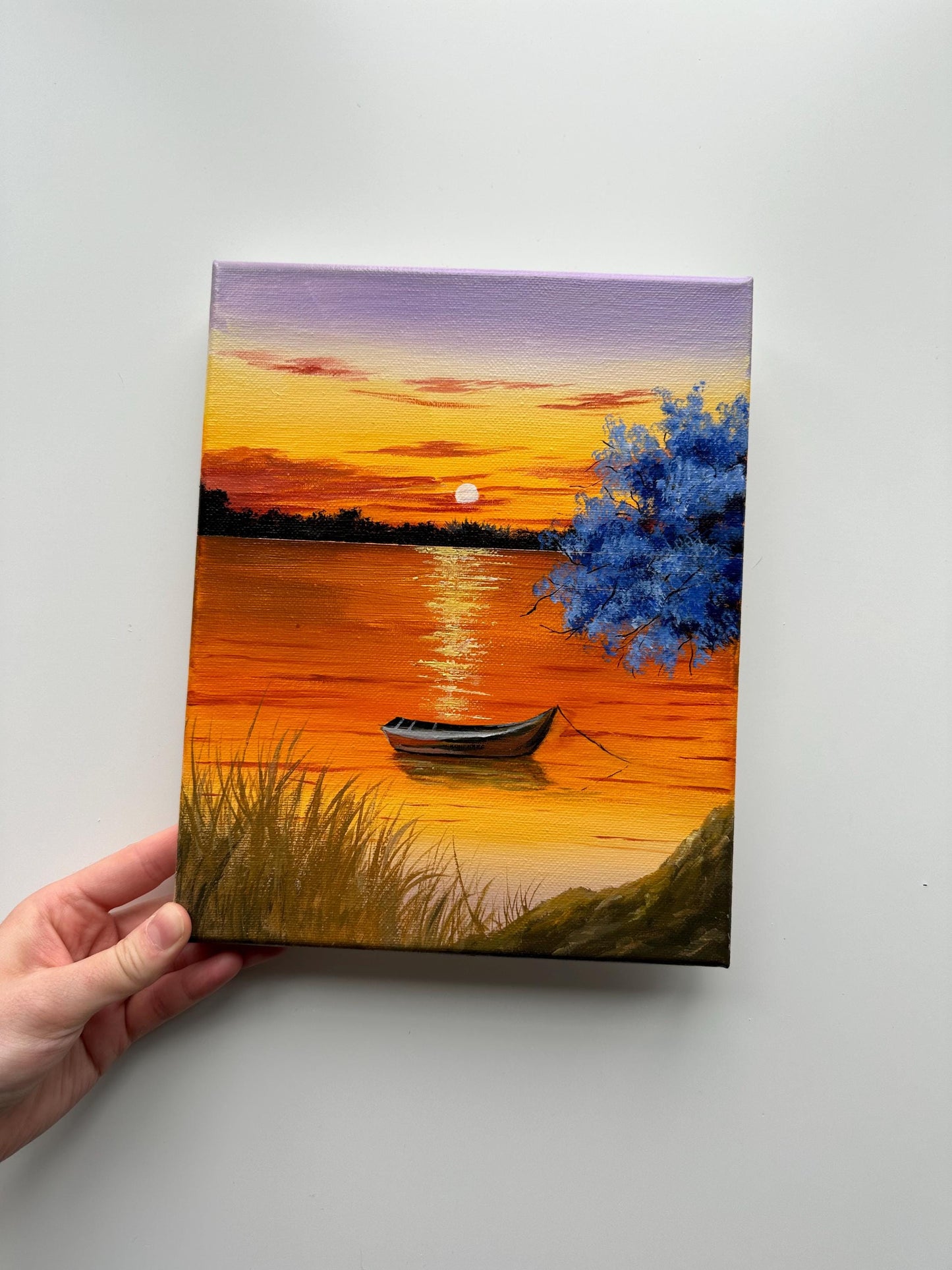 Original Acrylic Lake Painting: Golden Sunset, Tranquil Boat Scene (8x10 Canvas)