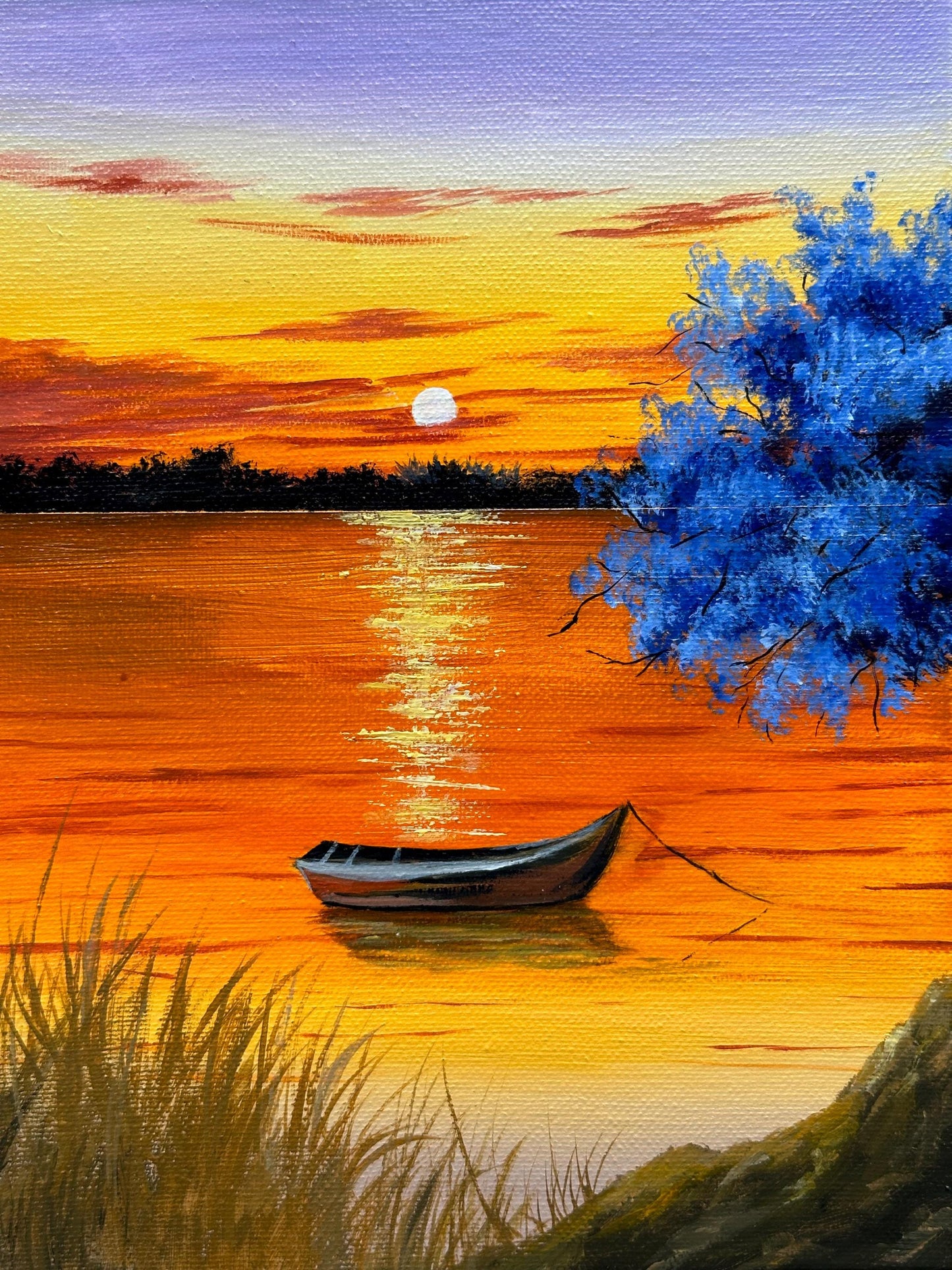 Original Acrylic Lake Painting: Golden Sunset, Tranquil Boat Scene (8x10 Canvas)