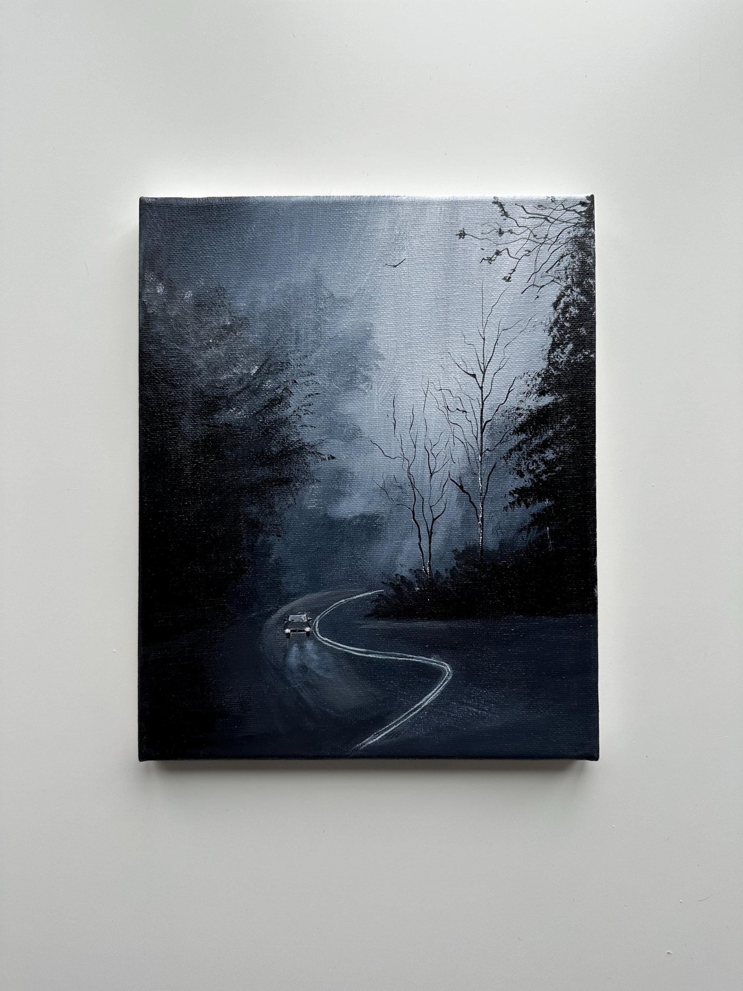 Foggy Night Drive Painting – Original Acrylic Art, Moody Decor