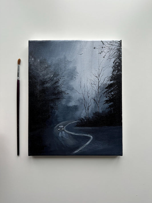 Foggy Night Drive Painting – Original Acrylic Art, Moody Decor