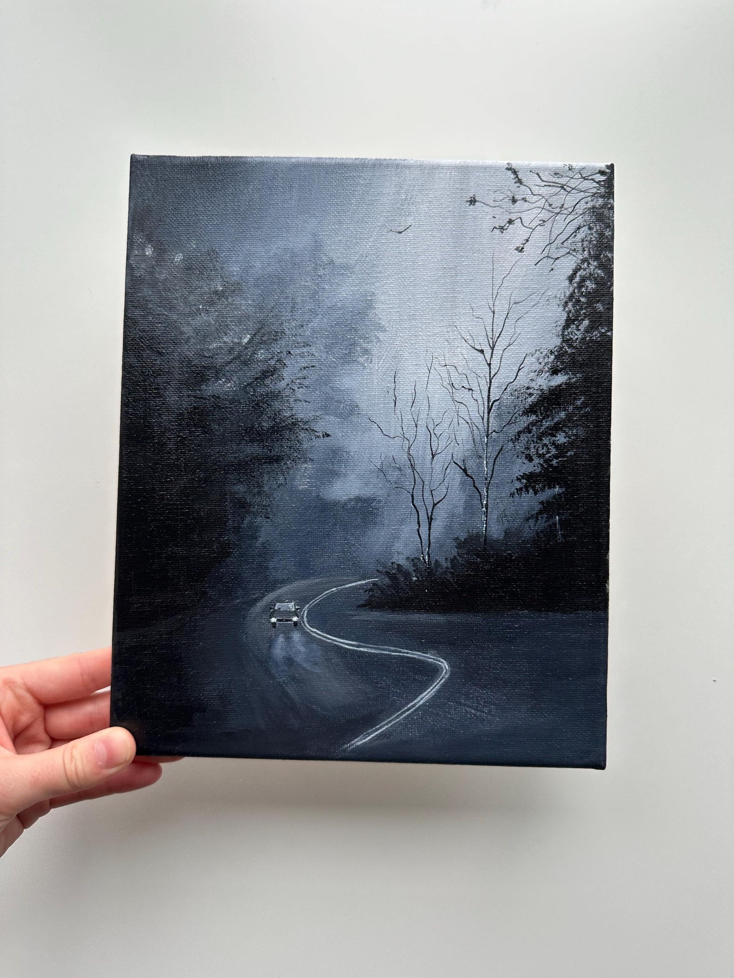 Foggy Night Drive Painting – Original Acrylic Art, Moody Decor