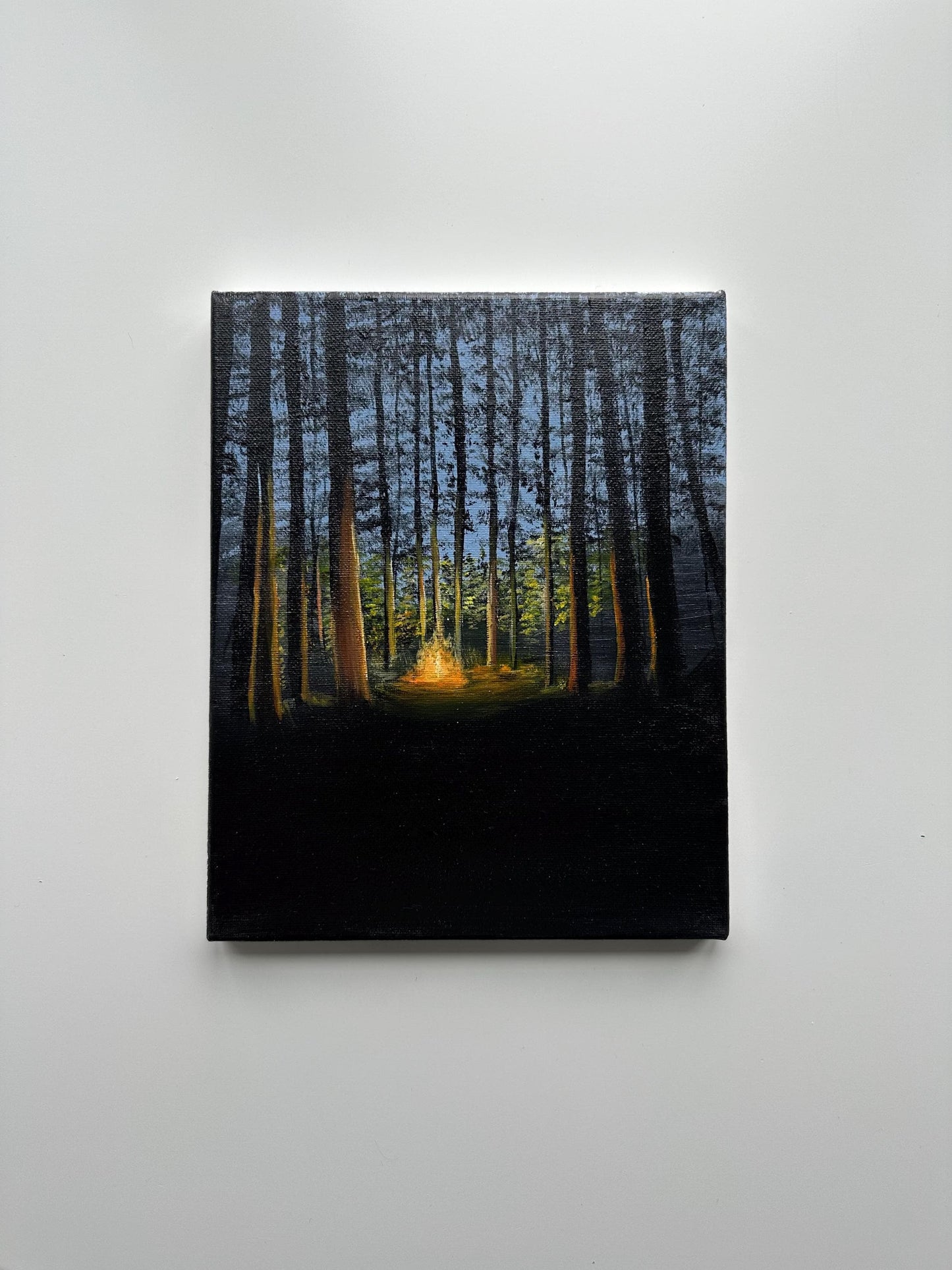 Acrylic landscape painting on stretched canvas by AB mini ART. Forest campfire original painting w dark colors. Aesthetic artwork for home decor wall art. Forest nature artwork