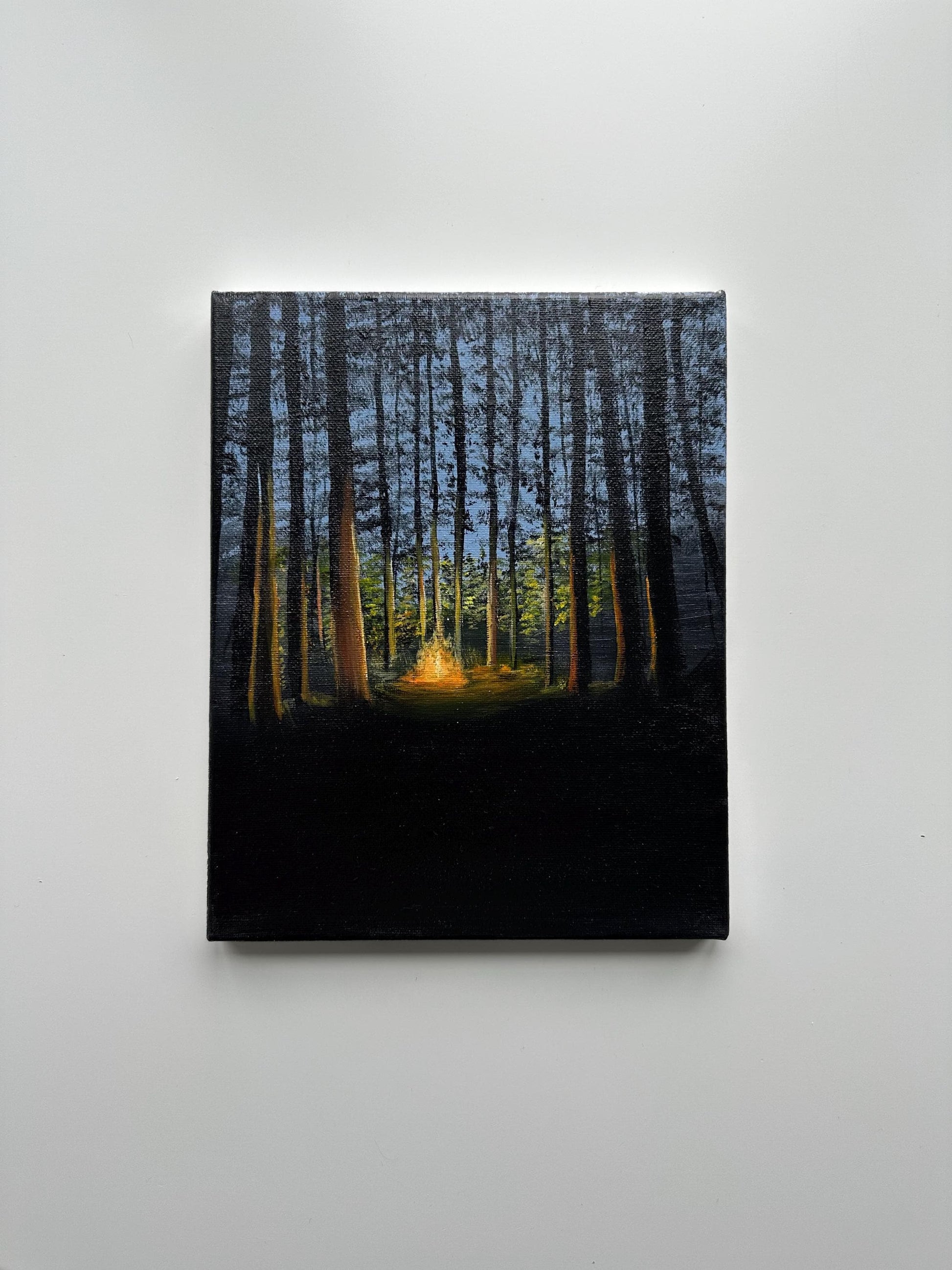 Acrylic landscape painting on stretched canvas by AB mini ART. Forest campfire original painting w dark colors. Aesthetic artwork for home decor wall art. Forest nature artwork