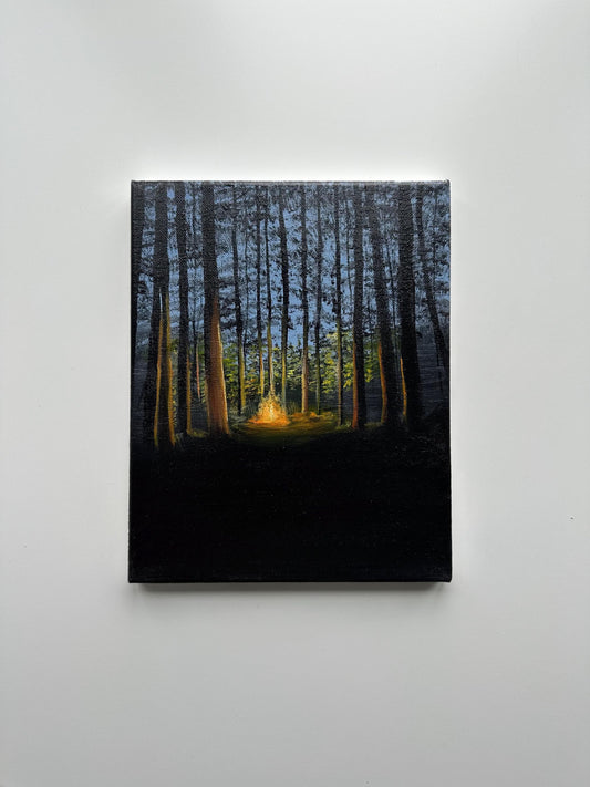 Acrylic landscape painting on stretched canvas by AB mini ART. Forest campfire original painting w dark colors. Aesthetic artwork for home decor wall art. Forest nature artwork