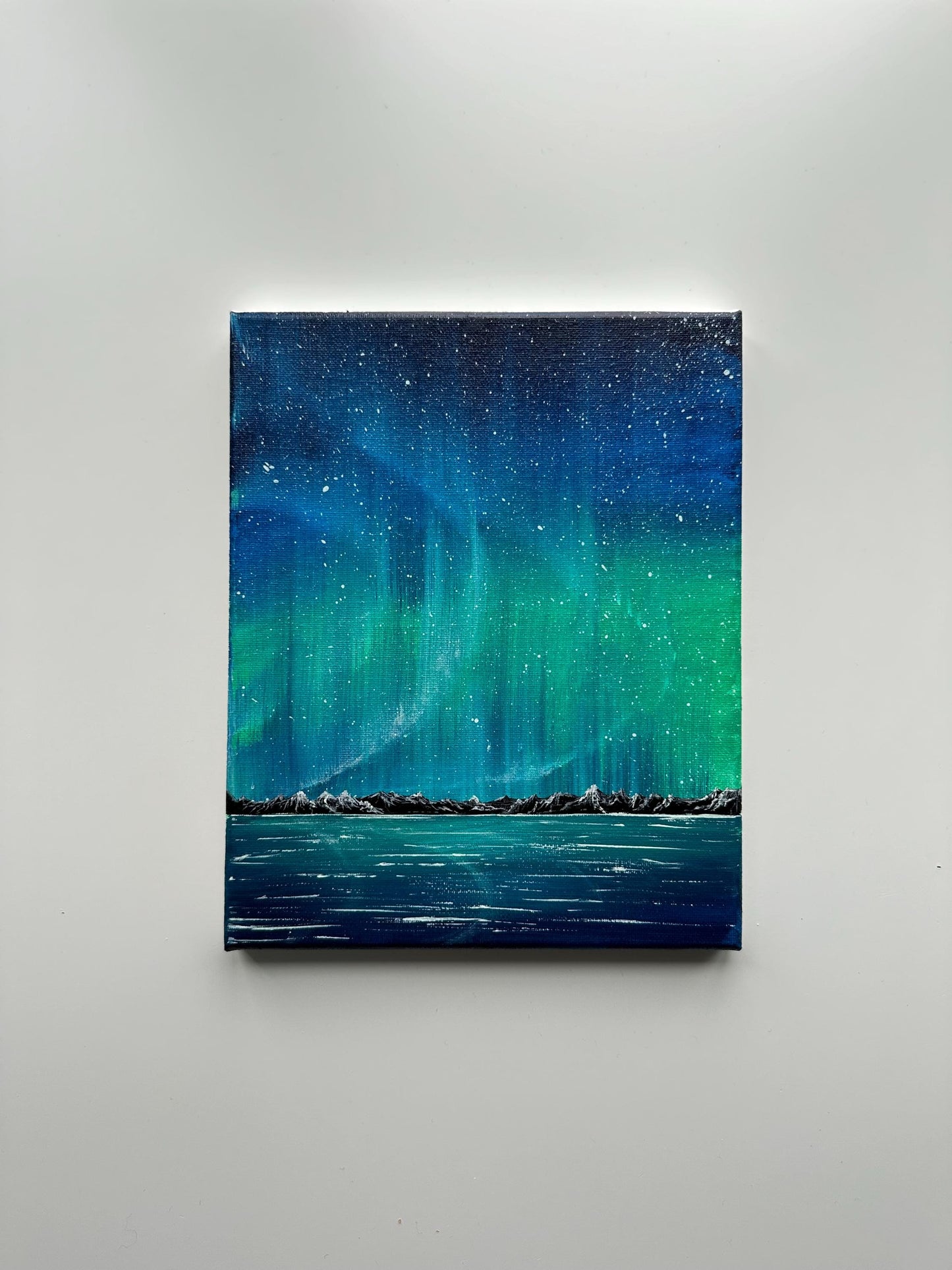 Aurora acrylic painting on canvas by AB mini ART. Starry sky original canvas. Home decor wall art. Emerald aurora painting . Mountains by the aurora ocean. Original serene landscape artwork.