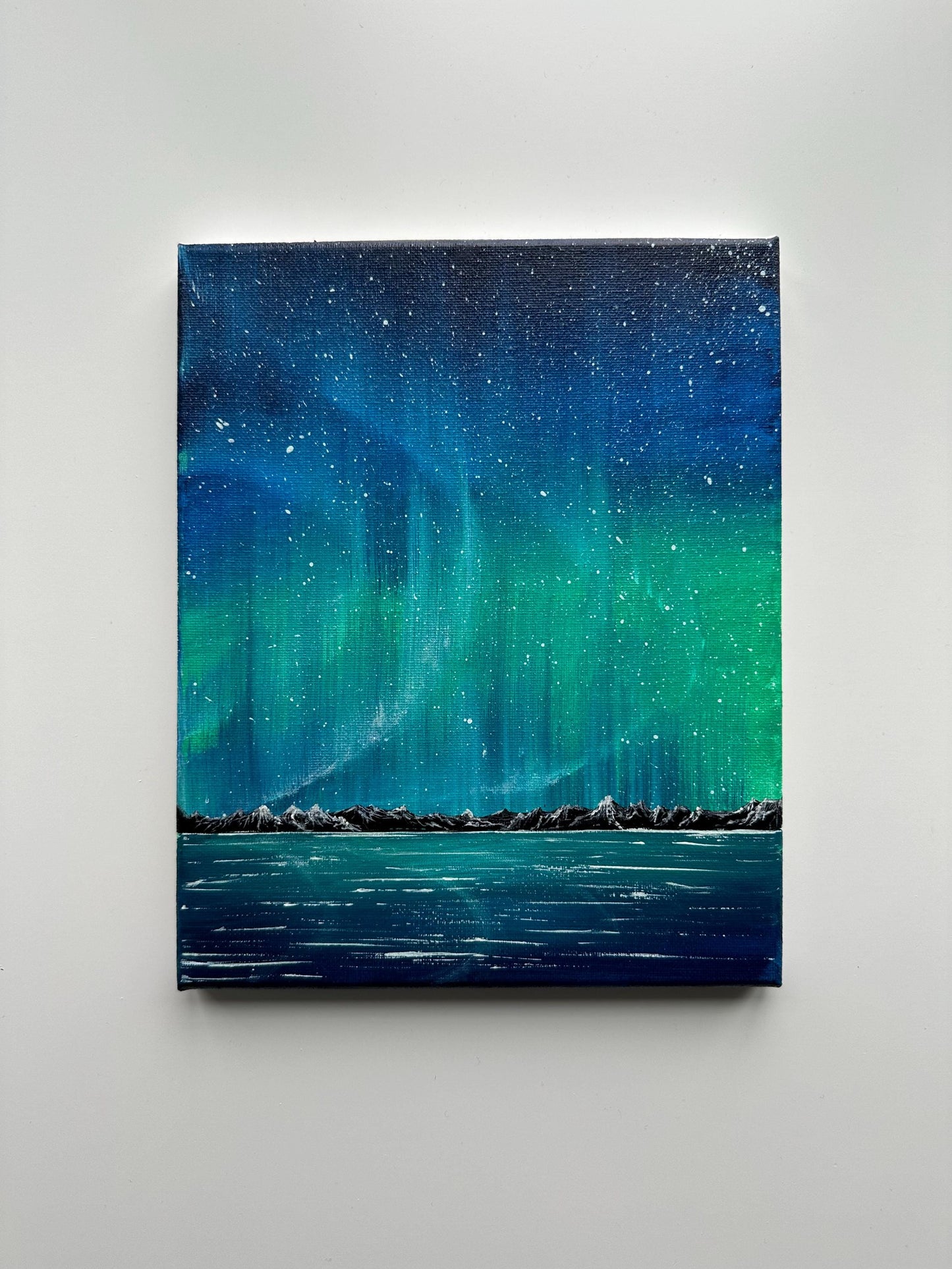 Emerald Aurora Acrylic Painting: Arctic Northern Lights Landscape, 8x10 Canvas
