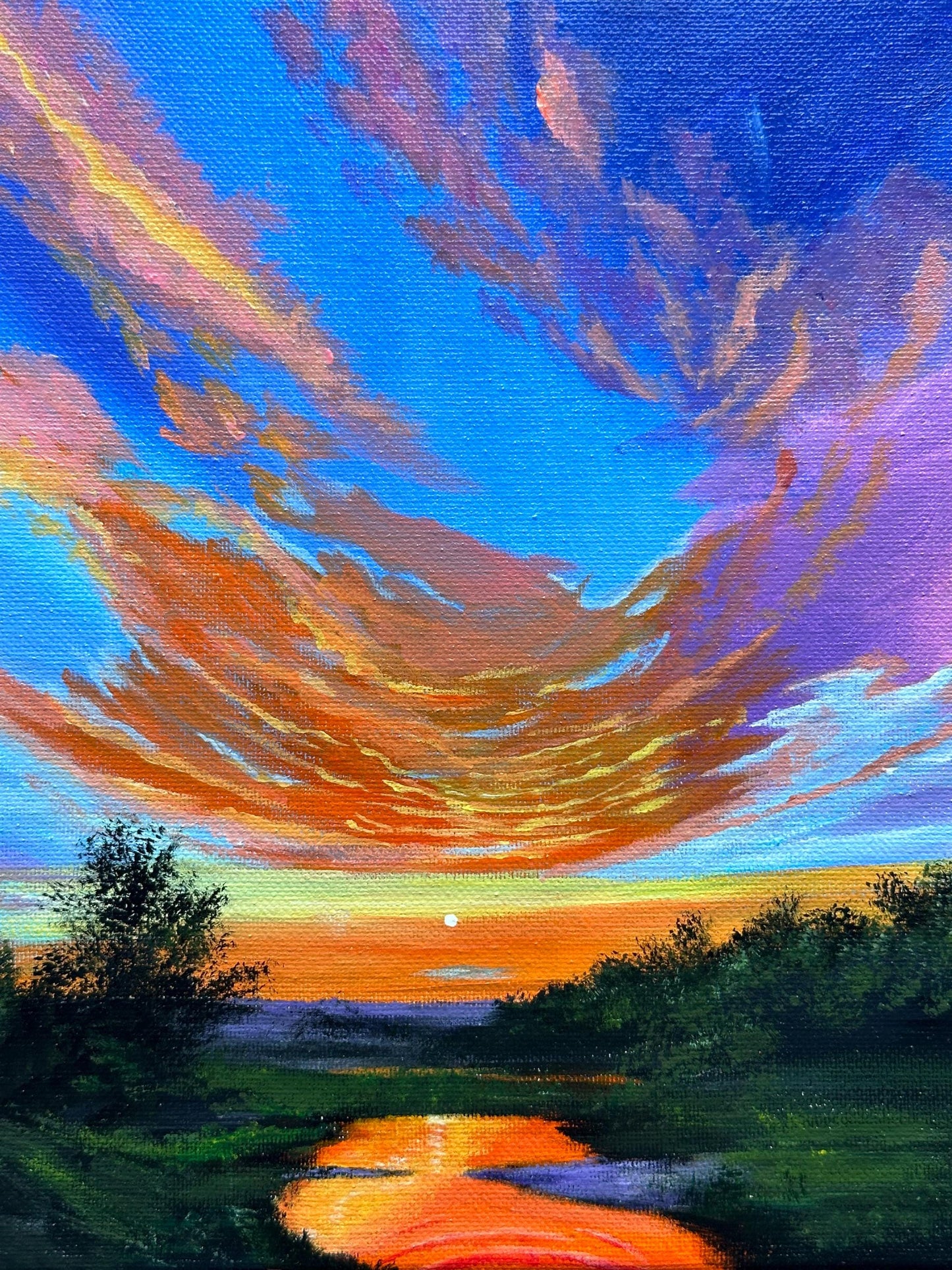 Original Sunset River Acrylic Painting: Fiery Sky Art (8x10 Canvas)