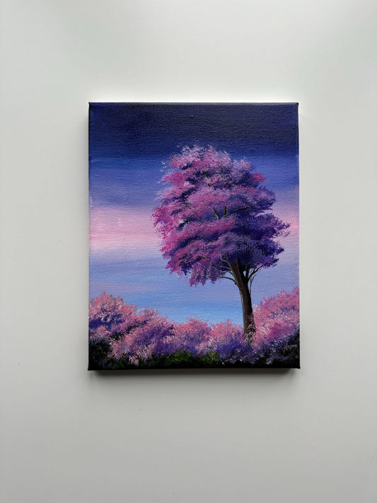 Serene original tree artwork on stretched canvas by AB mini ART. Aesthetic purple tree painting-landscape w vibrant acrylic colors. Home decor wall art.
