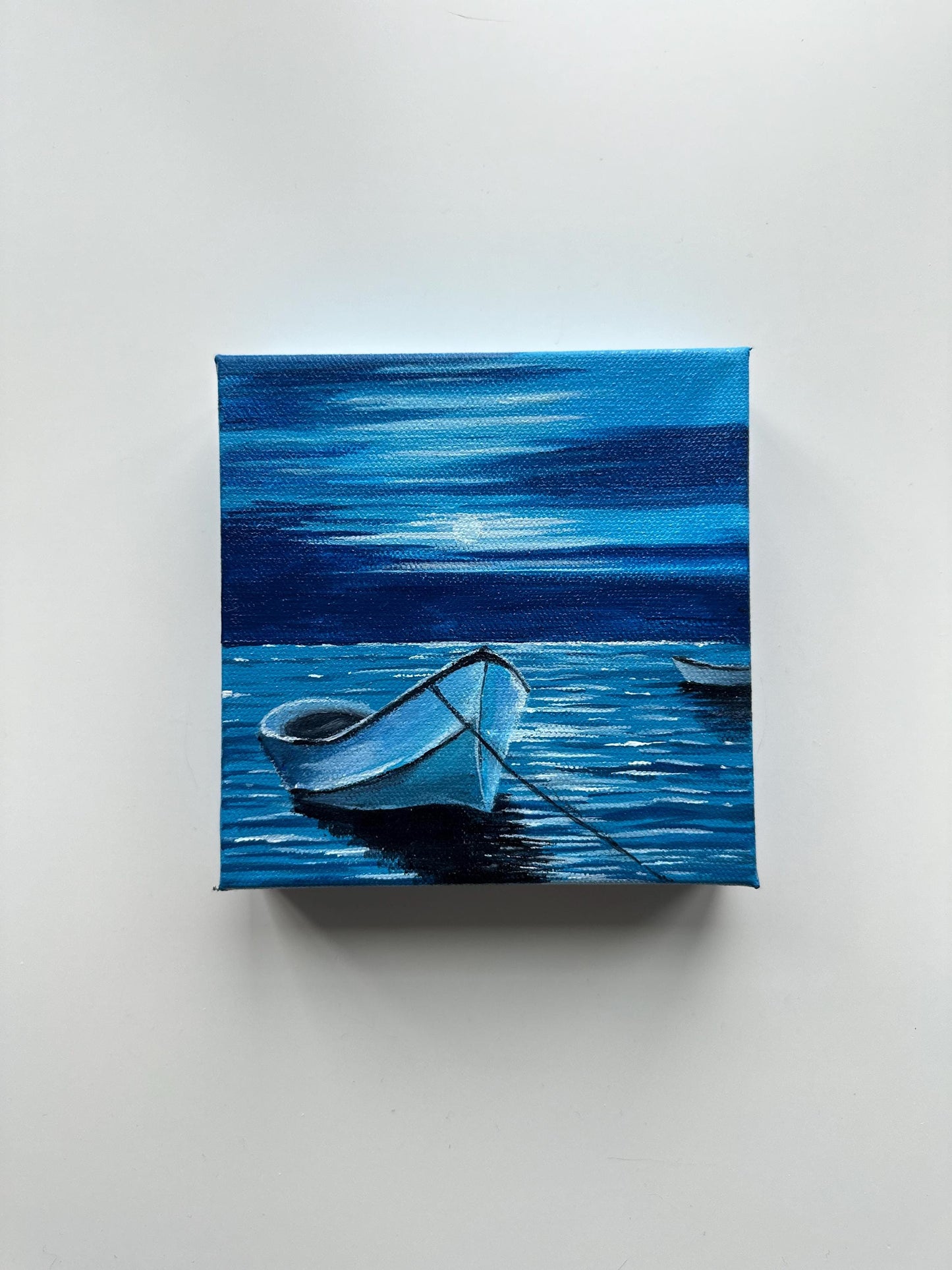 Midnight Reflections - 6x6” Original Acrylic Painting | Mini Boat Seascape Art