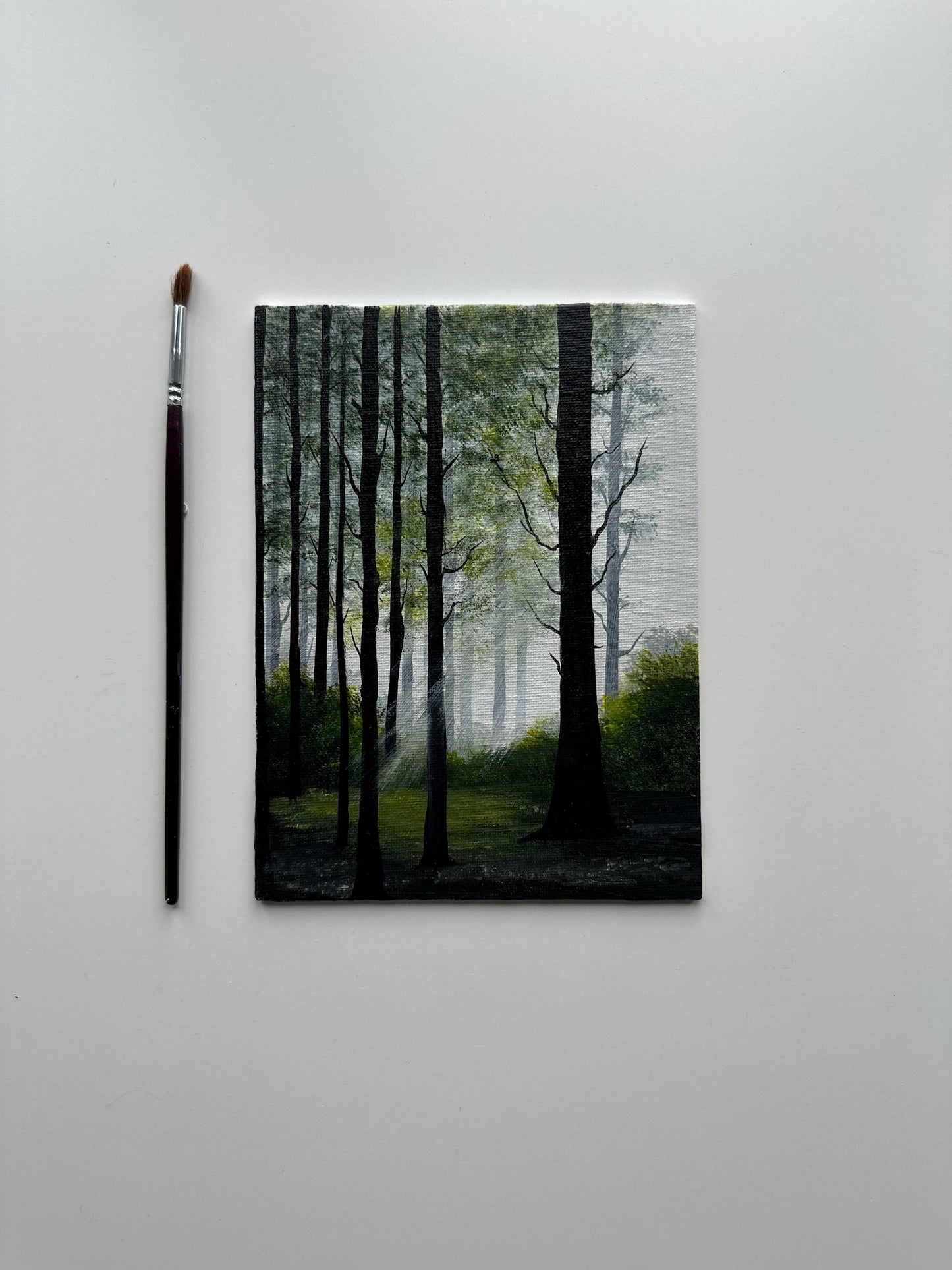 Misty Forest Light - 6x8” Original Acrylic Painting | Vertical Woodland Wall Art