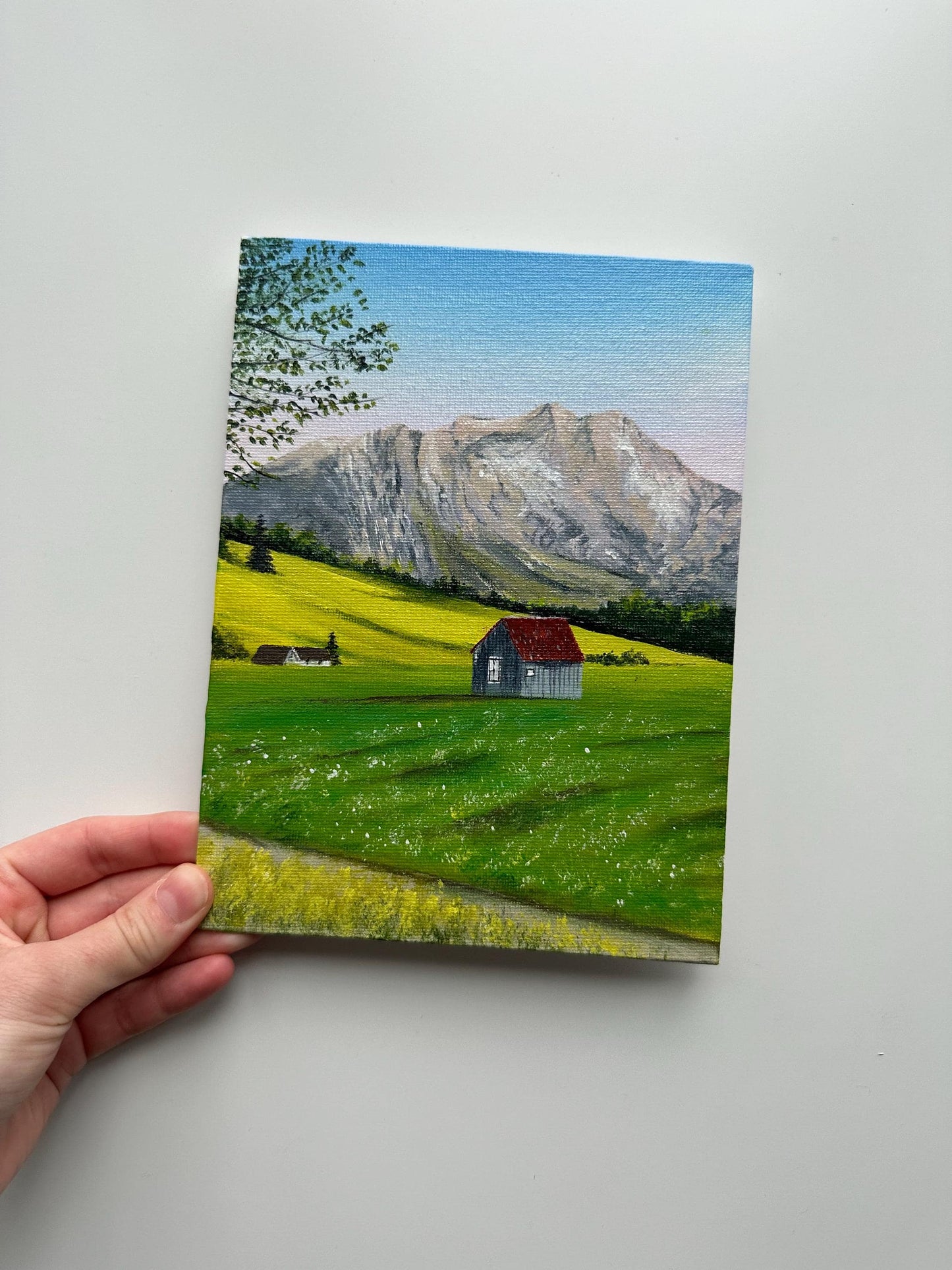 Mountain Cabin Meadow - 6x8” Original Acrylic Painting | Rustic Landscape Wall Art