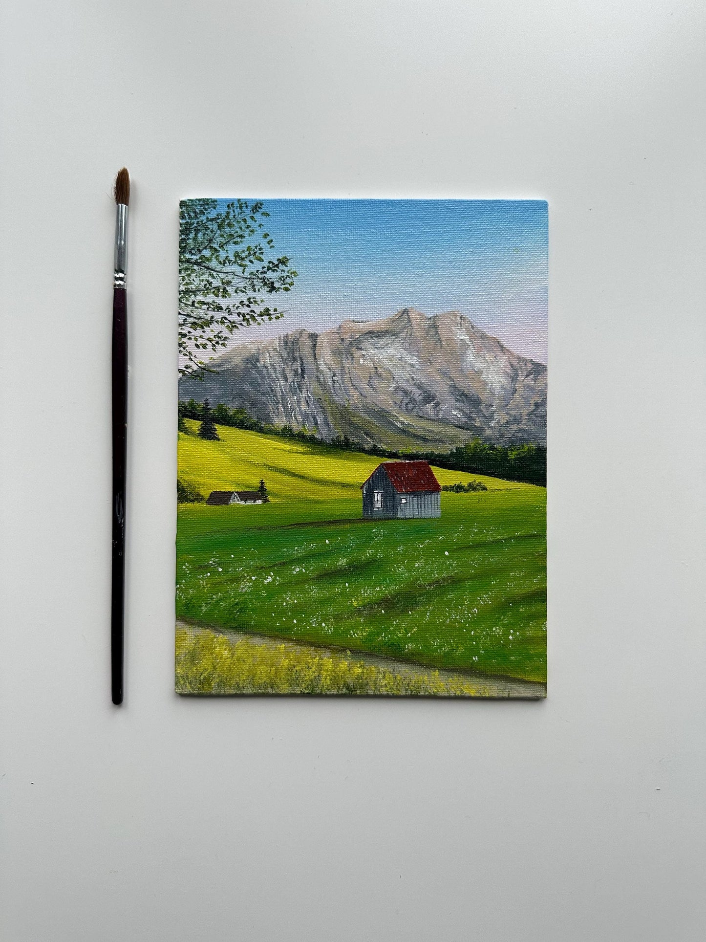 Mountain Cabin Meadow - 6x8” Original Acrylic Painting | Rustic Landscape Wall Art