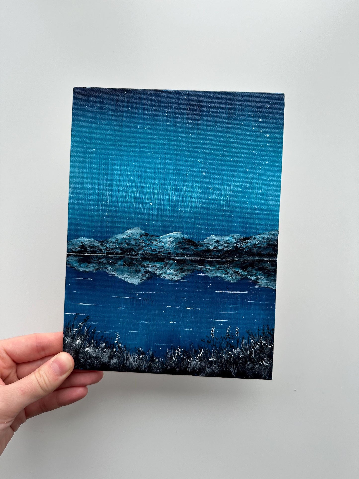 Northern Hues - 6x8” Original Acrylic Painting | Midnight Lake Reflection Wall Art