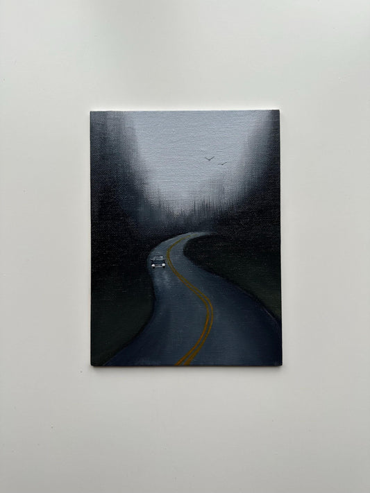 Misty Road - 6x8” Original Acrylic Painting | Moody Forest Drive Wall Art