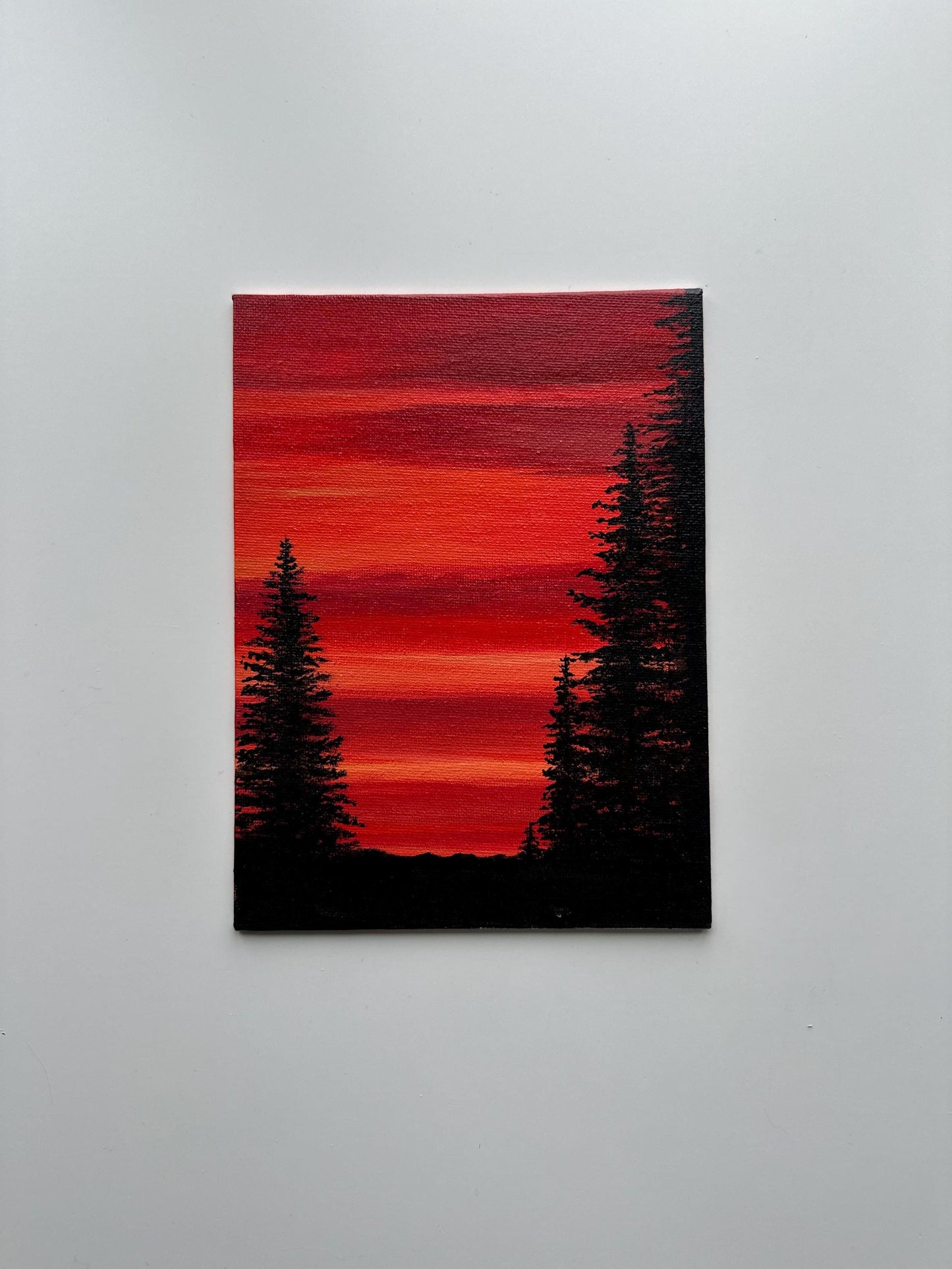 Scarlet Pines - 6x8” Original Acrylic Painting | Red Sunset Forest Wall Art