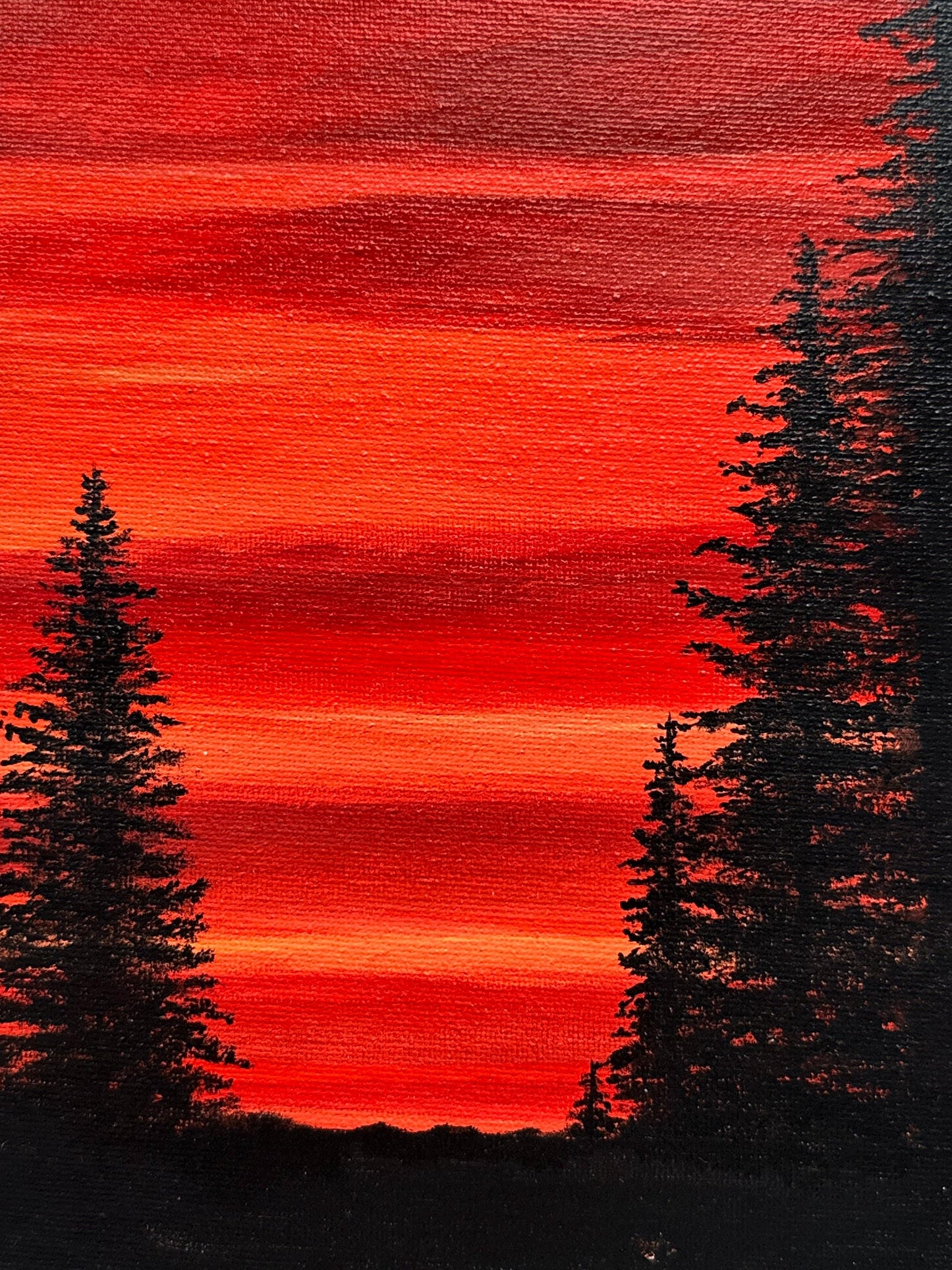Scarlet Pines - 6x8” Original Acrylic Painting | Red Sunset Forest Wall Art