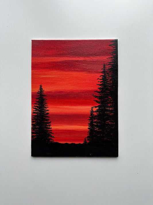 Scarlet Pines - 6x8” Original Acrylic Painting | Red Sunset Forest Wall Art