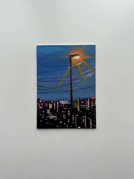 City Lights and Streetlamp - 5x7” Original Acrylic Painting | Urban Night Wall Art