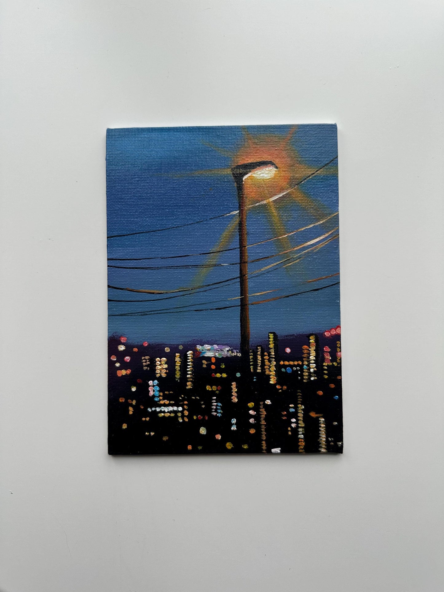 City Lights and Streetlamp - 5x7” Original Acrylic Painting | Urban Night Wall Art