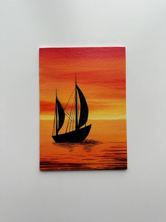 Golden Sailboat Sunset - 5x7” Original Acrylic Painting | Nautical Sunset Wall Art