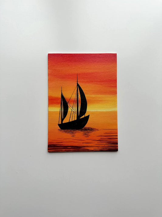 Golden Sailboat Sunset - 5x7” Original Acrylic Painting | Nautical Sunset Wall Art