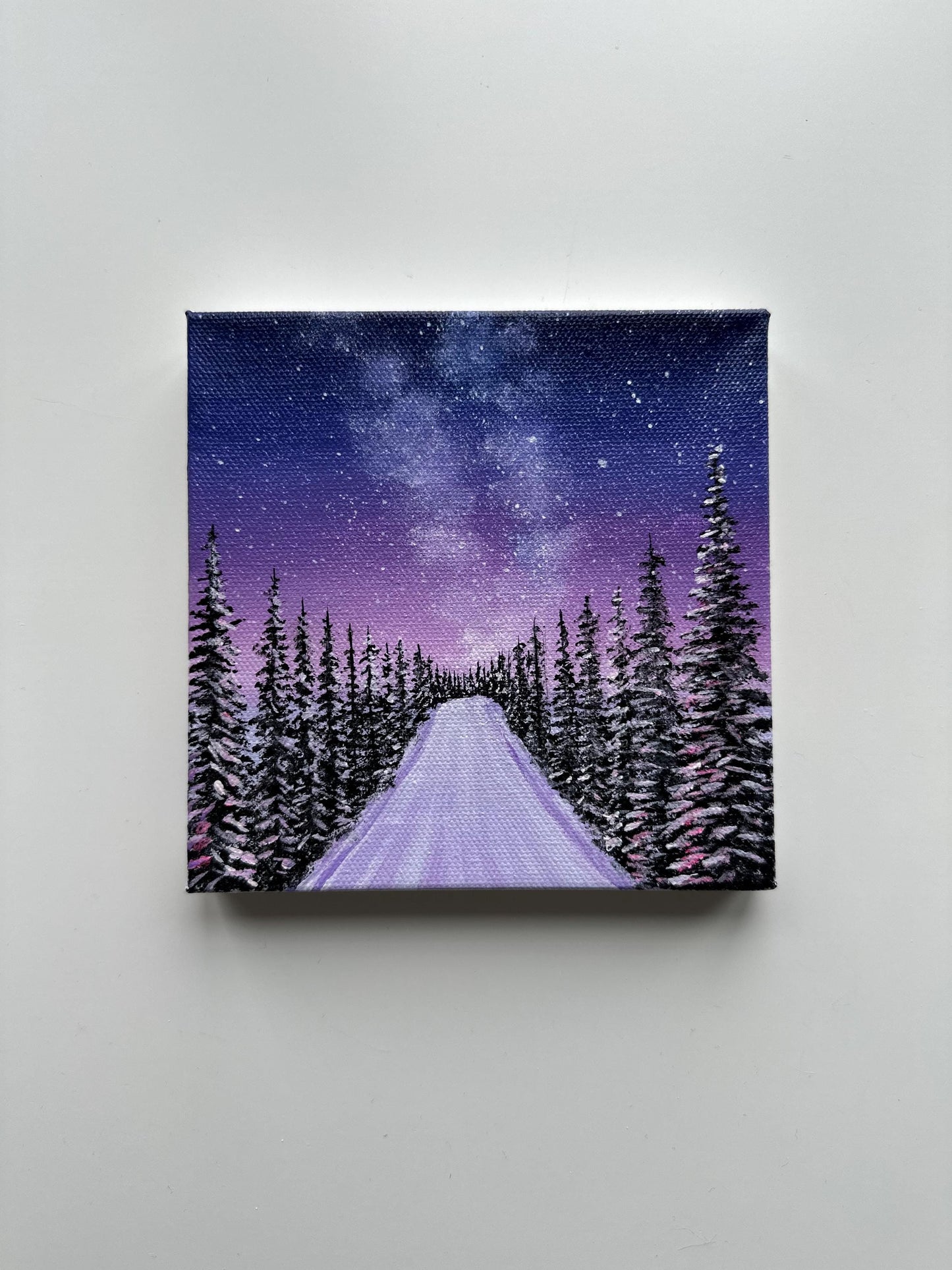 Starry Forest Road - 6x6” Original Acrylic Painting | Mini Galaxy Night Sky Wall Art