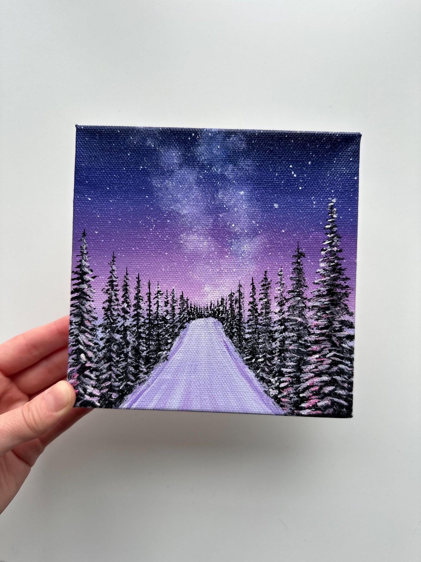 Starry Forest Road - 6x6” Original Acrylic Painting | Mini Galaxy Night Sky Wall Art