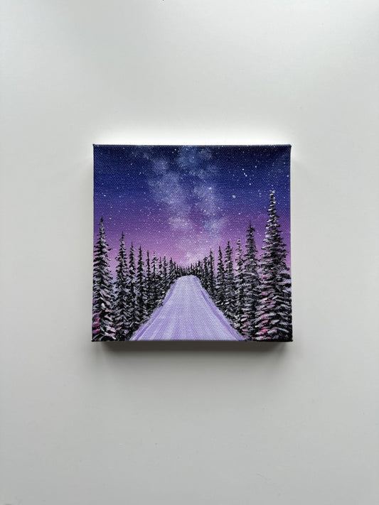 Starry Forest Road - 6x6” Original Acrylic Painting | Mini Galaxy Night Sky Wall Art
