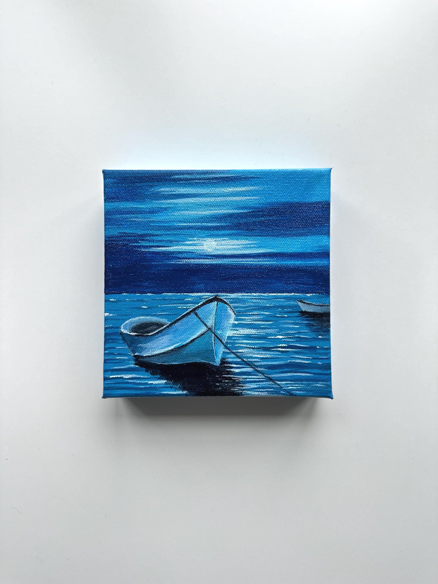 Midnight Reflections - 6x6” Original Acrylic Painting | Mini Boat Seascape Art