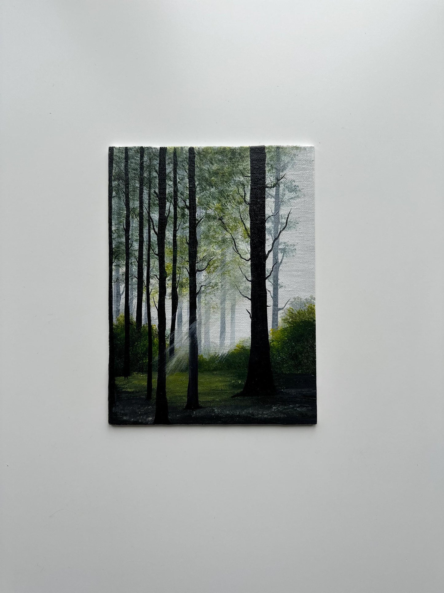 Misty Forest Light - 6x8” Original Acrylic Painting | Vertical Woodland Wall Art