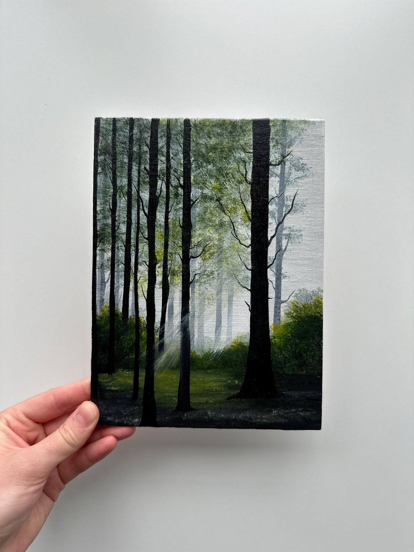 Misty Forest Light - 6x8” Original Acrylic Painting | Vertical Woodland Wall Art
