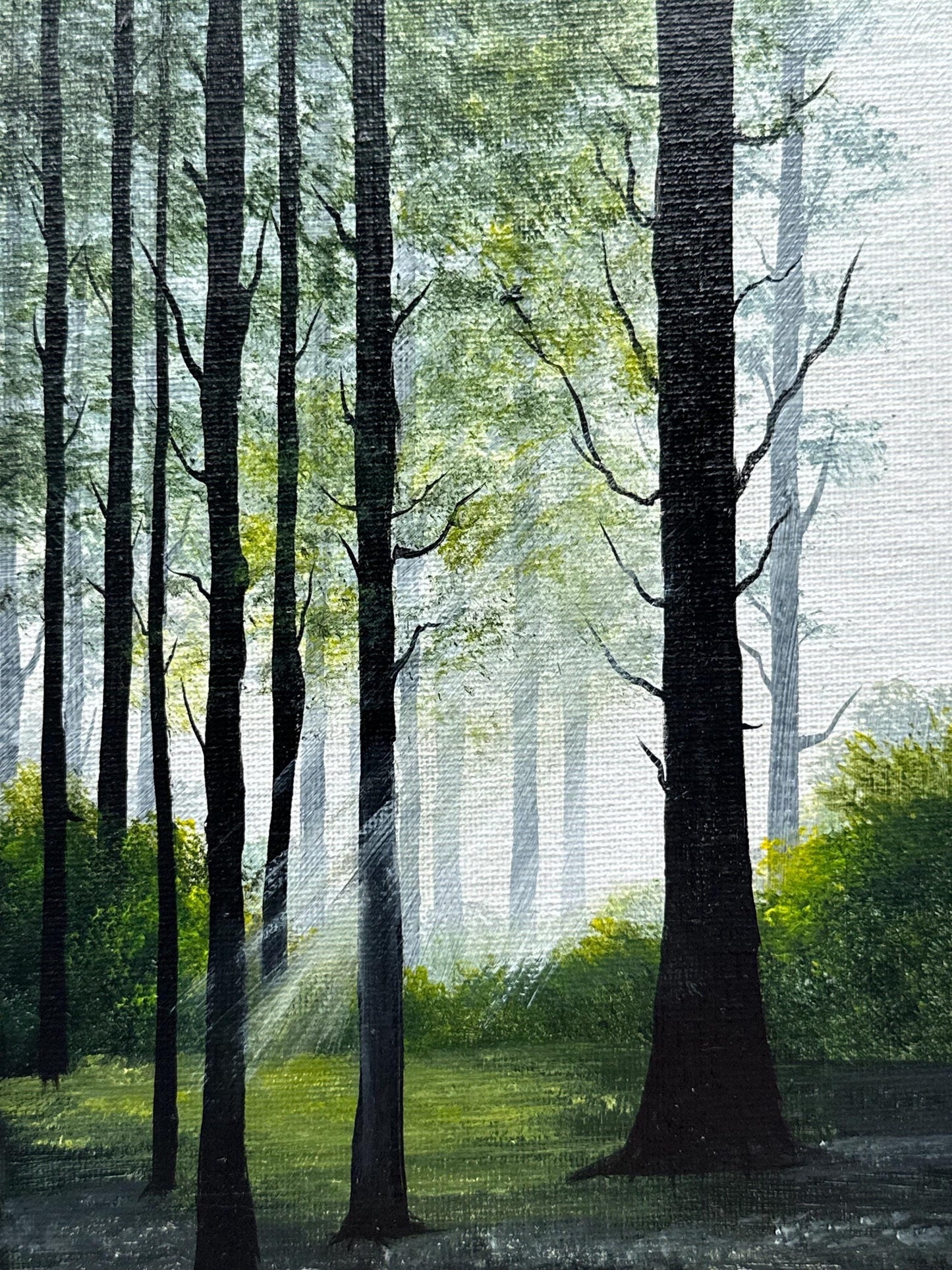 Misty Forest Light - 6x8” Original Acrylic Painting | Vertical Woodland Wall Art