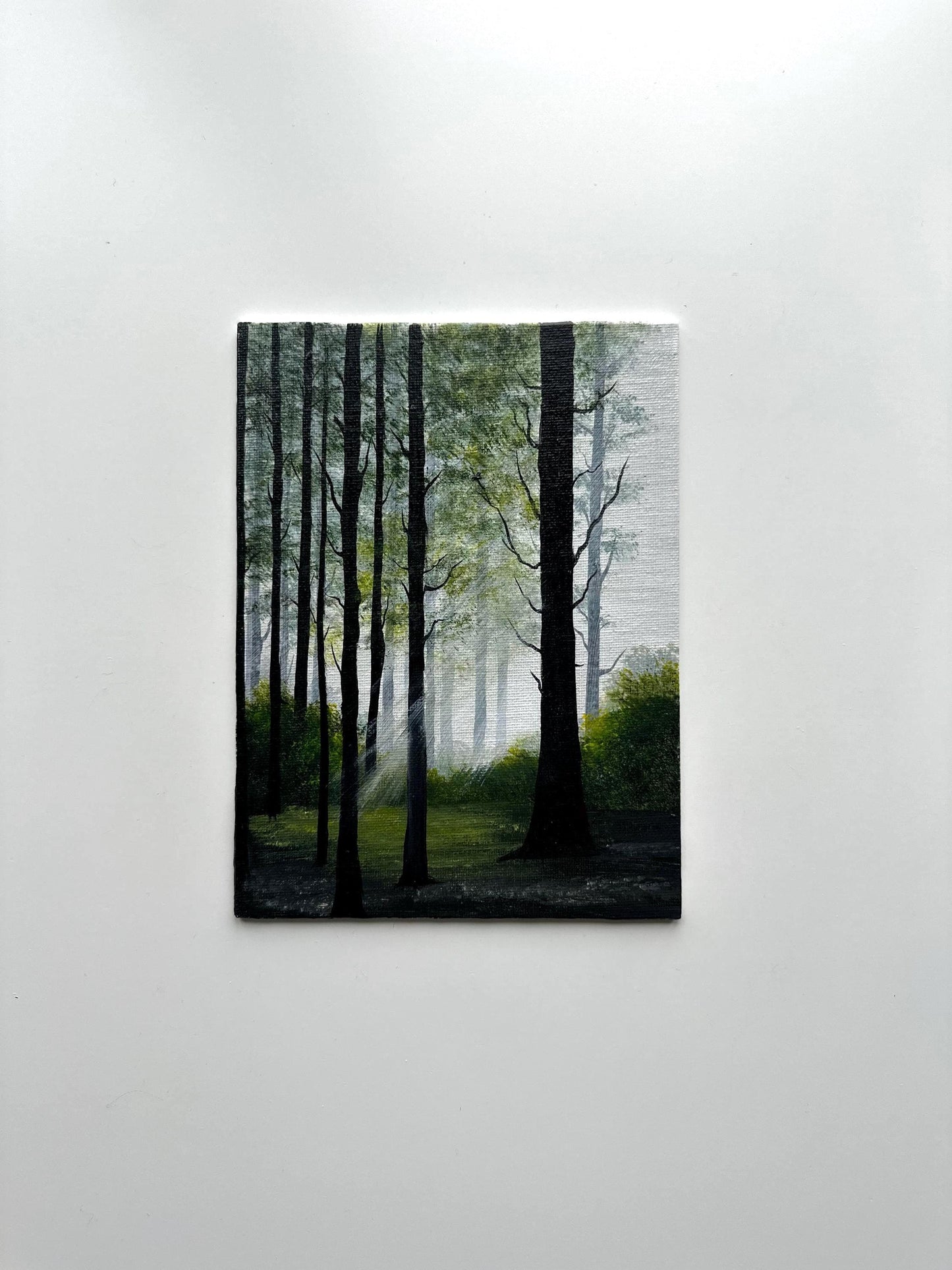 Misty Forest Light - 6x8” Original Acrylic Painting | Vertical Woodland Wall Art
