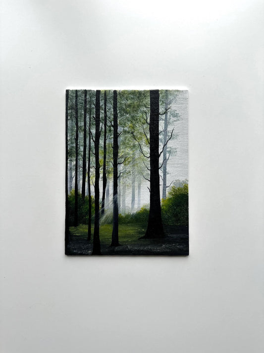 Misty Forest Light - 6x8” Original Acrylic Painting | Vertical Woodland Wall Art