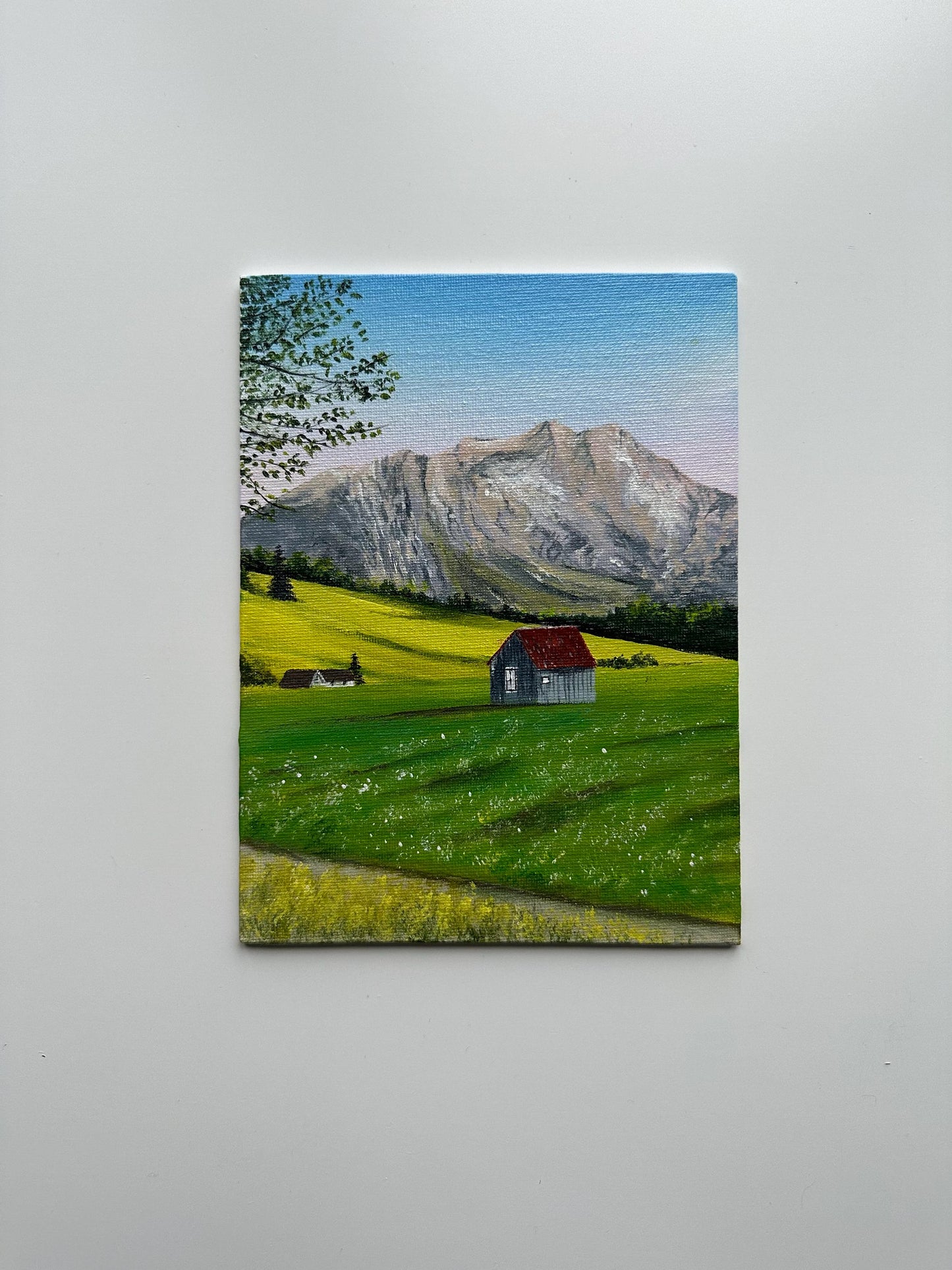 Mountain Cabin Meadow - 6x8” Original Acrylic Painting | Rustic Landscape Wall Art