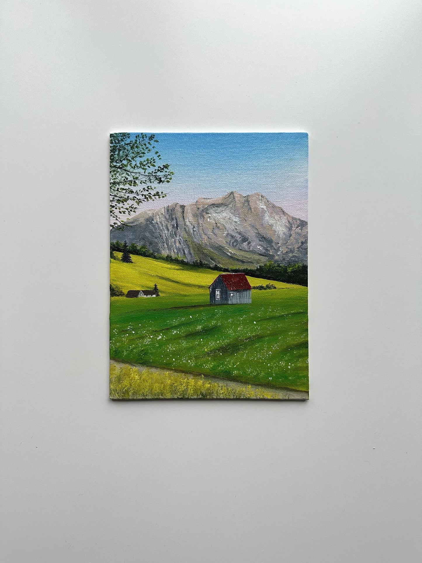 Mountain Cabin Meadow - 6x8” Original Acrylic Painting | Rustic Landscape Wall Art
