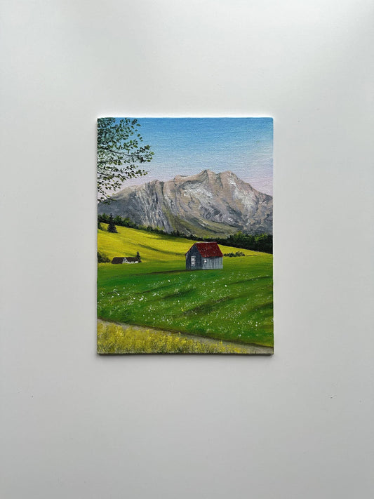 Mountain Cabin Meadow - 6x8” Original Acrylic Painting | Rustic Landscape Wall Art