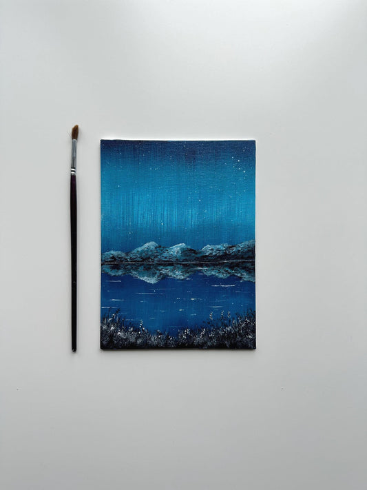 Northern Hues - 6x8” Original Acrylic Painting | Midnight Lake Reflection Wall Art