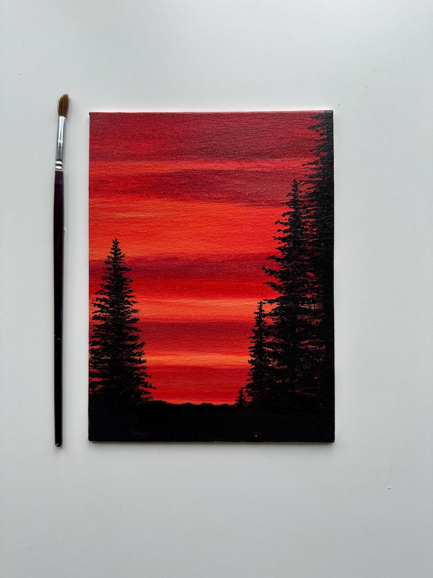 Scarlet Pines - 6x8” Original Acrylic Painting | Red Sunset Forest Wall Art