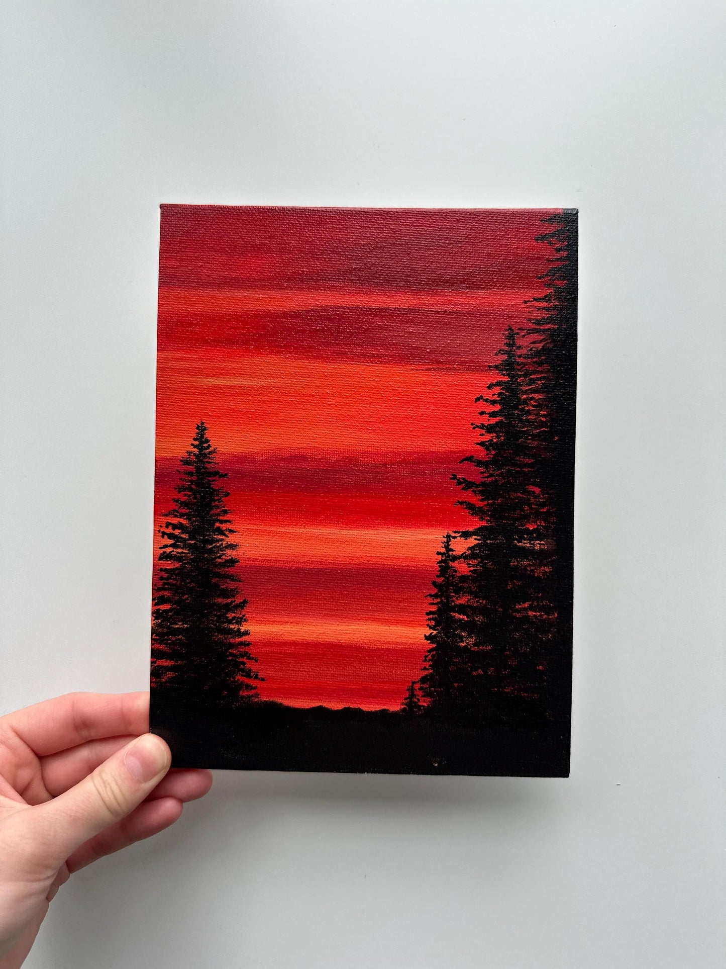 Scarlet Pines - 6x8” Original Acrylic Painting | Red Sunset Forest Wall Art