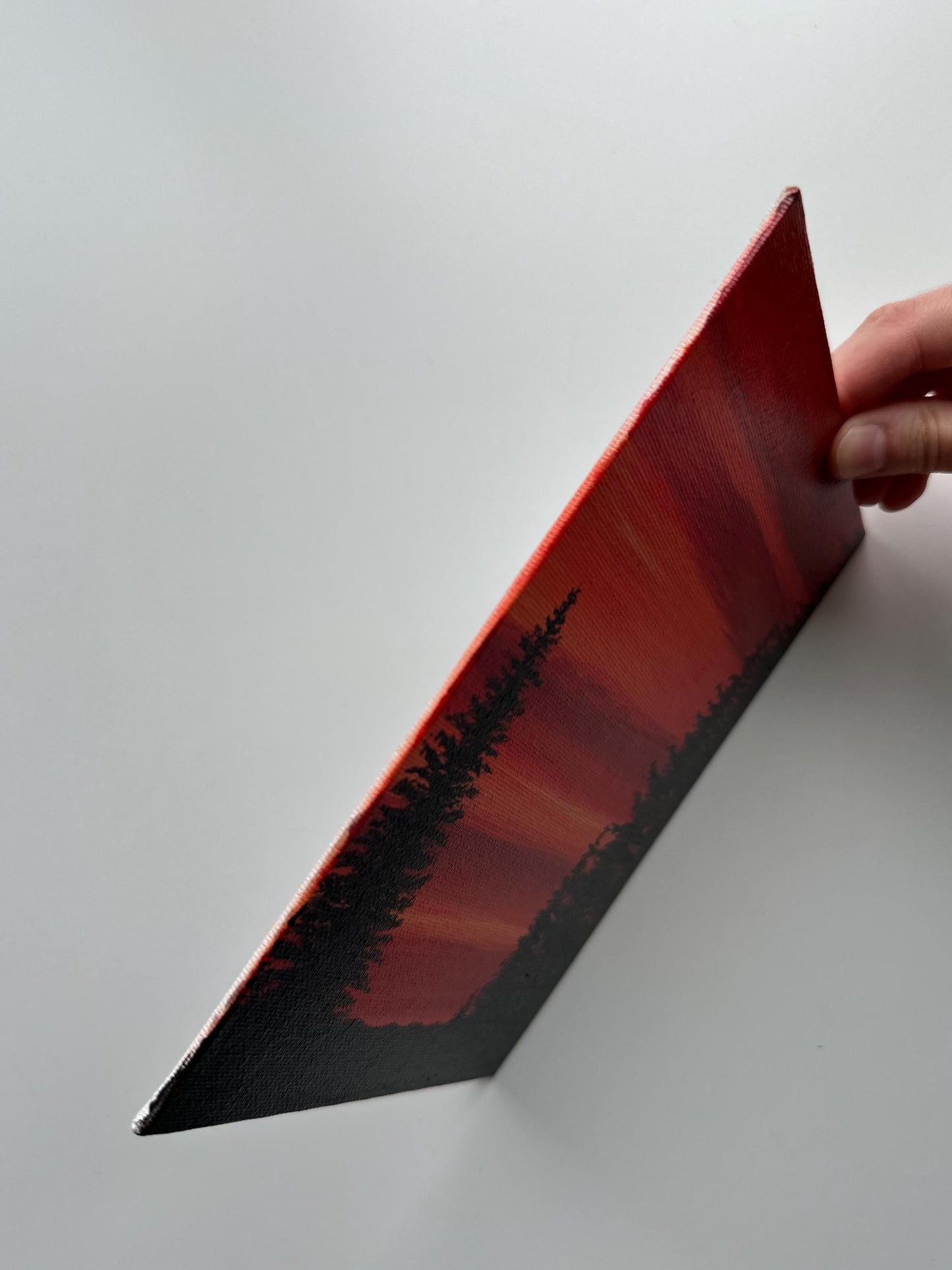 Scarlet Pines - 6x8” Original Acrylic Painting | Red Sunset Forest Wall Art