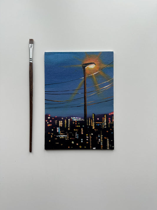 City Lights and Streetlamp - 5x7” Original Acrylic Painting | Urban Night Wall Art